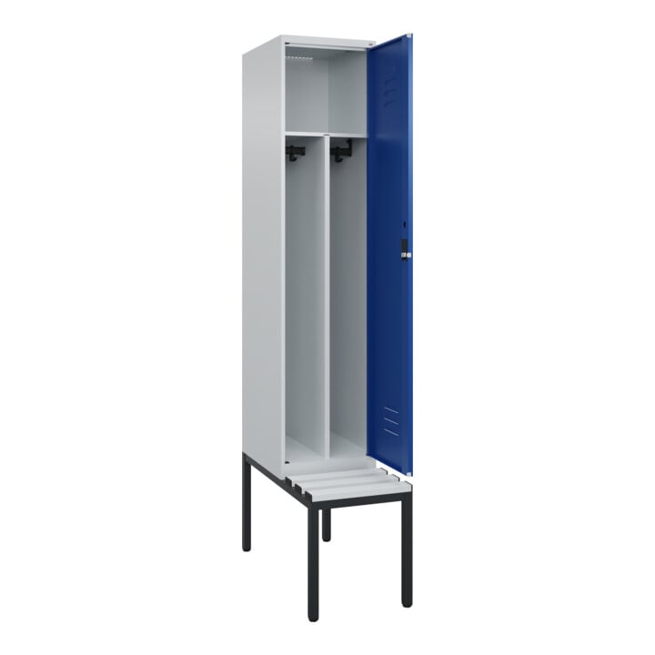 C+P Spind Classic PLUS, Bank, 1 Abteil, 2120x400x815mm, 7035/5010 Verschluss Zylinderschloss 4 Garderobenhaken Trennwand mittig Dekor Banklatten RAL 7035 Lichtgrau Sitzbanktyp untergebaut