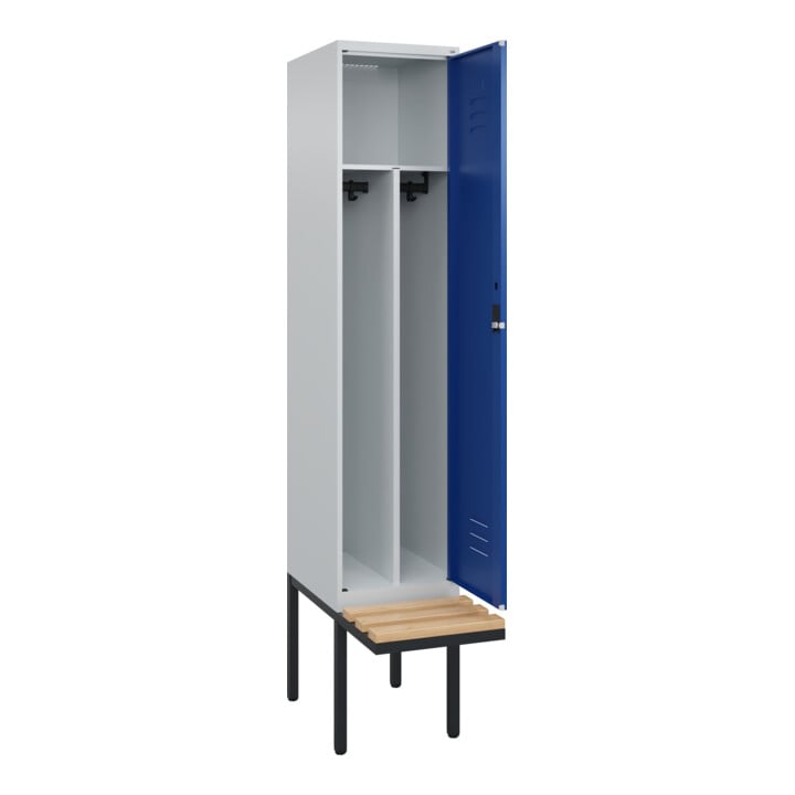 C+P Spind Classic PLUS, Bank, 1 Abteil, 2120x400x815mm, 7035/5010 Verschluss Zylinderschloss 4 Garderobenhaken Trennwand mittig  Sitzbanktyp auskragend