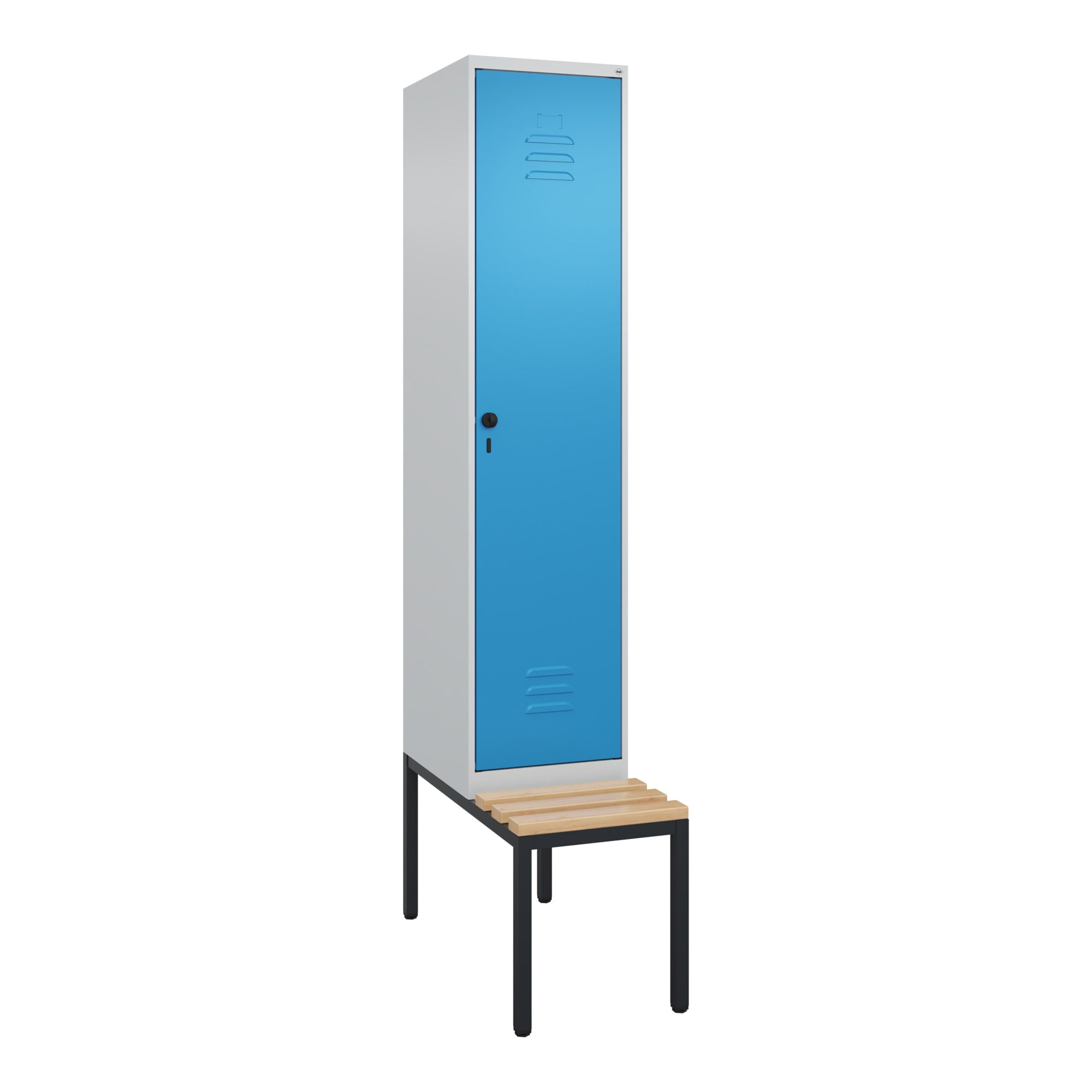 C+P Spind Classic PLUS, Bank, 1 Abteil, 2120x400x815mm, 7035/5012 Verschluss Sicherheits-Drehriegel 4 Garderobenhaken Sitzbanktyp untergebaut ; C +