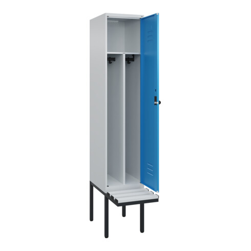 C+P Spind Classic PLUS, Bank, 1 Abteil, 2120x400x815mm, 7035/5012 Verschluss Sicherheits-Drehriegel 4 Garderobenhaken Trennwand mittig Dekor Banklatten RAL 7035 Lichtgrau Sitzbanktyp auskragend