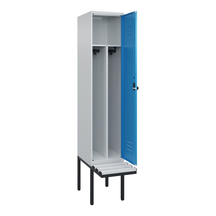 C+P Spind Classic PLUS, Bank, 1 Abteil, 2120x400x815mm, 7035/5012 Verschluss Sicherheits-Drehriegel 4 Garderobenhaken Trennwand mittig Dekor Banklatten RAL 7035 Lichtgrau Sitzbanktyp auskragend