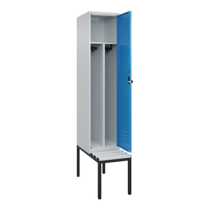 C+P Spind Classic PLUS, Bank, 1 Abteil, 2120x400x815mm, 7035/5012 Verschluss Sicherheits-Drehriegel 4 Garderobenhaken Trennwand mittig Dekor Banklatten RAL 7035 Lichtgrau Sitzbanktyp untergebaut