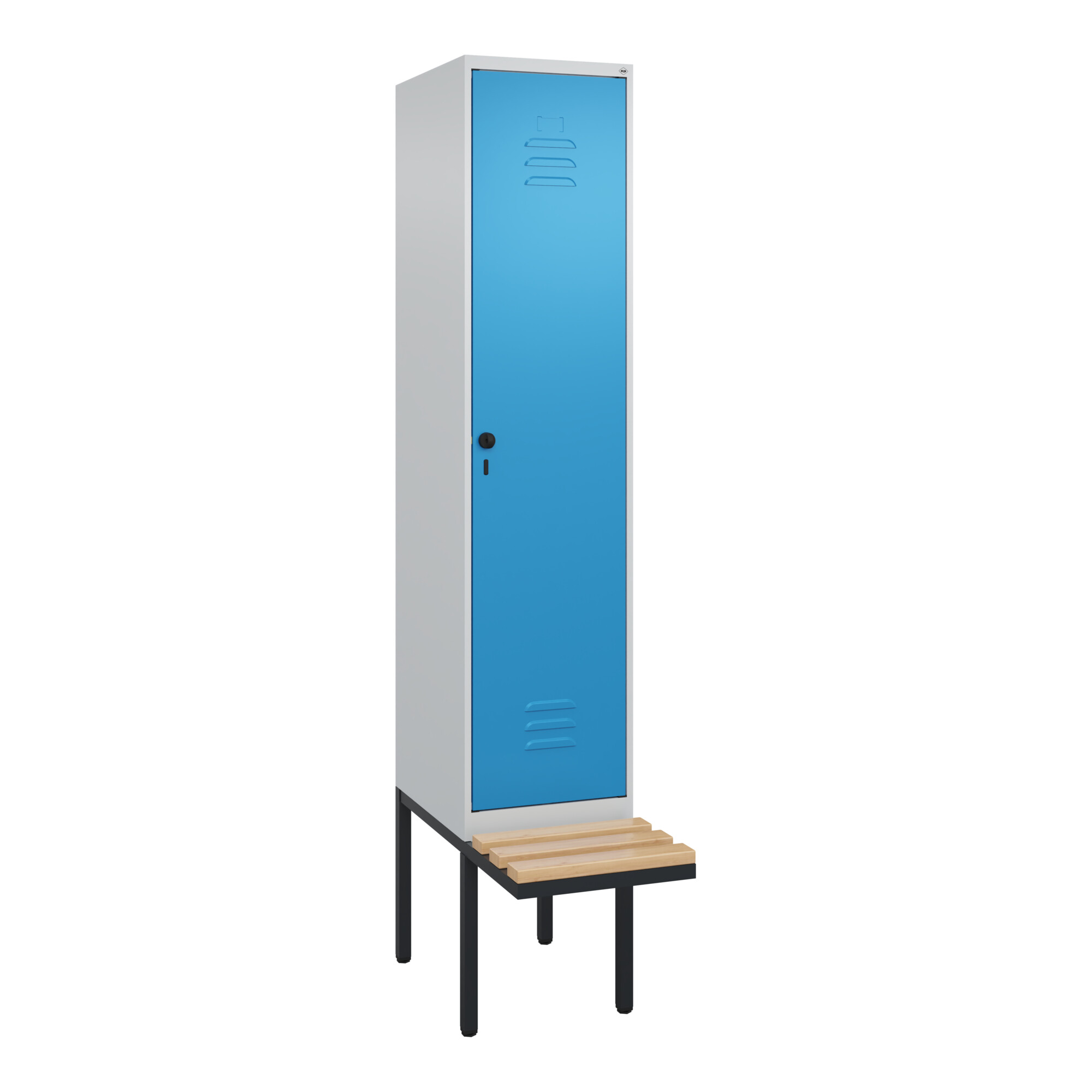 C+P Spind Classic PLUS, Bank, 1 Abteil, 2120x400x815mm, 7035/5012 Verschluss Sicherheits-Drehriegel 4 Garderobenhaken Trennwand mittig Sitzbanktyp au