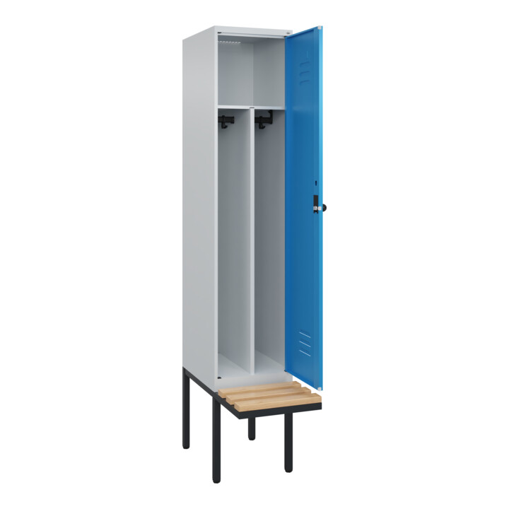 C+P Spind Classic PLUS, Bank, 1 Abteil, 2120x400x815mm, 7035/5012 Verschluss Sicherheits-Drehriegel 4 Garderobenhaken Trennwand mittig  Sitzbanktyp auskragend