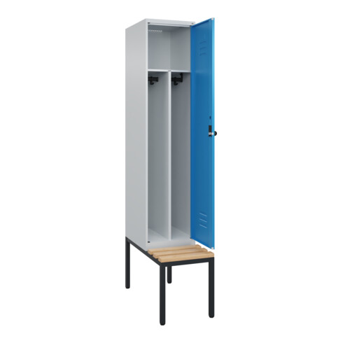 C+P Spind Classic PLUS, Bank, 1 Abteil, 2120x400x815mm, 7035/5012 Verschluss Sicherheits-Drehriegel 4 Garderobenhaken Trennwand mittig  Sitzbanktyp untergebaut