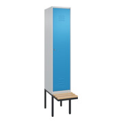 C+P Spind Classic PLUS, Bank, 1 Abteil, 2120x400x815mm, 7035/5012 Verschluss Zylinderschloss 4 Garderobenhaken   Sitzbanktyp auskragend