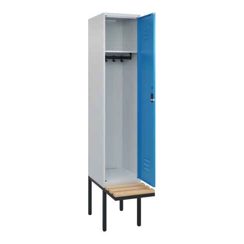 C+P Spind Classic PLUS, Bank, 1 Abteil, 2120x400x815mm, 7035/5012 Verschluss Zylinderschloss 4 Garderobenhaken   Sitzbanktyp auskragend
