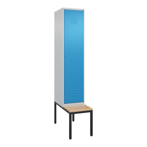 C+P Spind Classic PLUS, Bank, 1 Abteil, 2120x400x815mm, 7035/5012 Verschluss Zylinderschloss 4 Garderobenhaken   Sitzbanktyp untergebaut