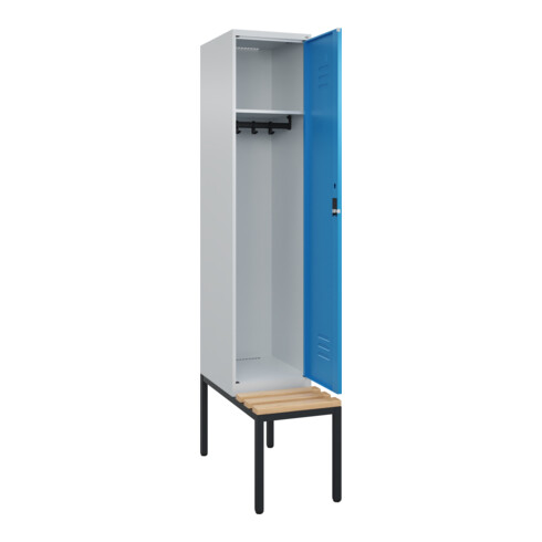 C+P Spind Classic PLUS, Bank, 1 Abteil, 2120x400x815mm, 7035/5012 Verschluss Zylinderschloss 4 Garderobenhaken   Sitzbanktyp untergebaut