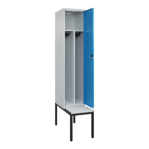 C+P Spind Classic PLUS, Bank, 1 Abteil, 2120x400x815mm, 7035/5012 Verschluss Zylinderschloss 4 Garderobenhaken Trennwand mittig Dekor Banklatten RAL 7035 Lichtgrau Sitzbanktyp untergebaut