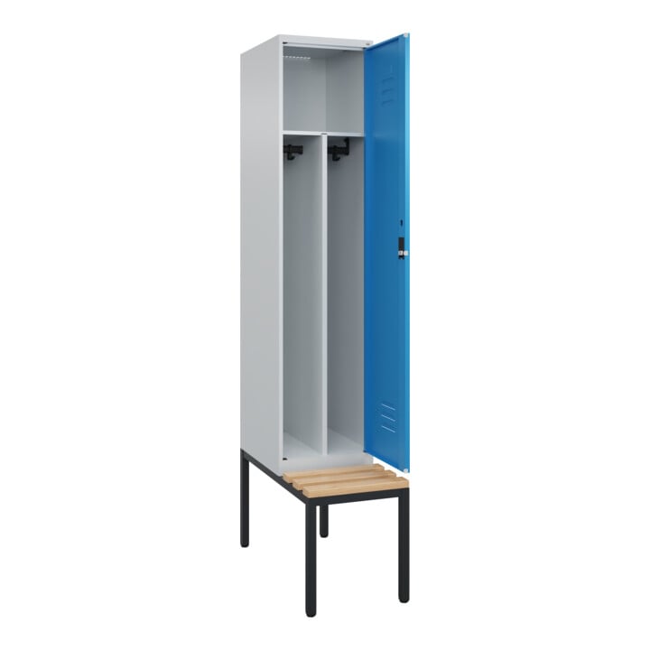 C+P Spind Classic PLUS, Bank, 1 Abteil, 2120x400x815mm, 7035/5012 Verschluss Zylinderschloss 4 Garderobenhaken Trennwand mittig  Sitzbanktyp untergebaut