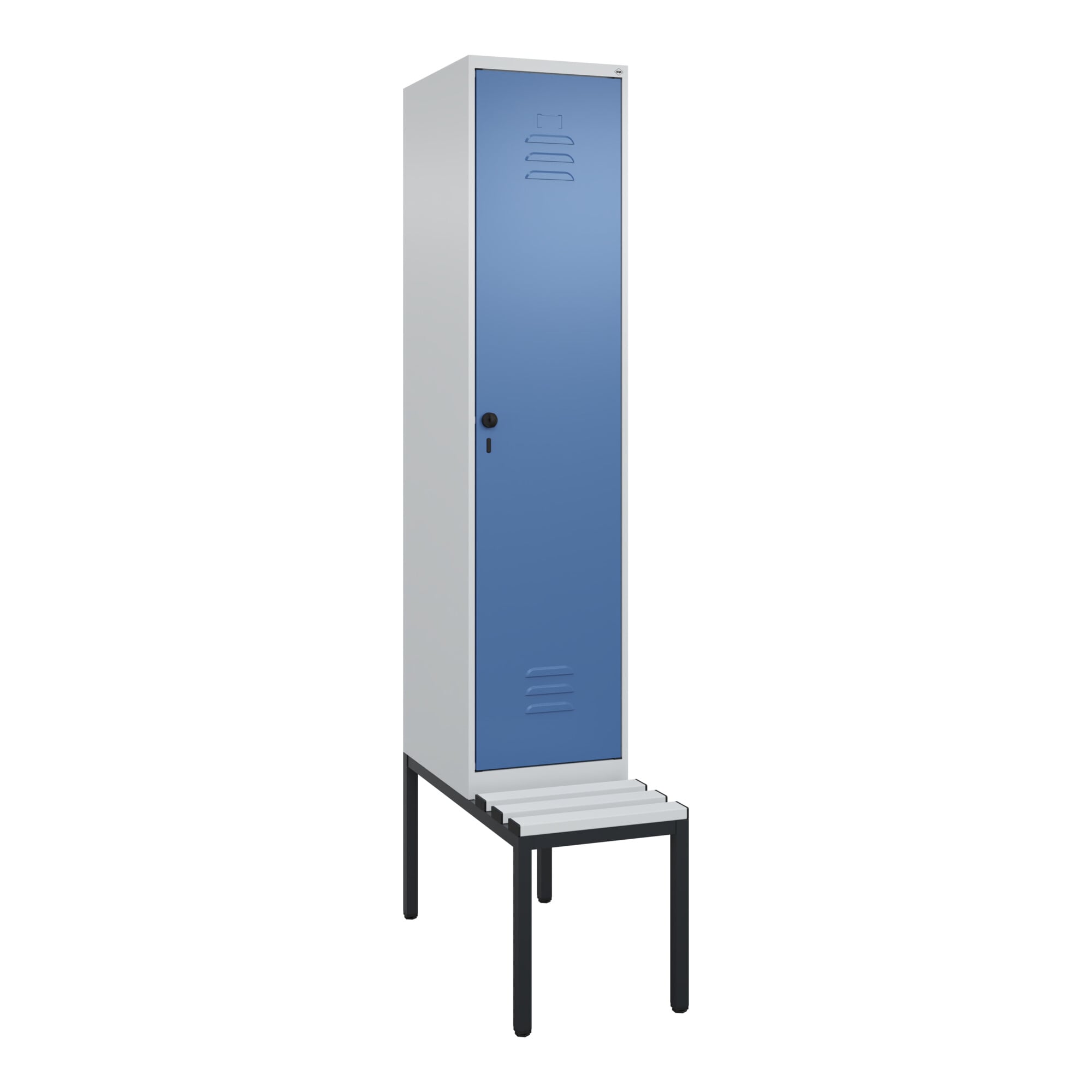 C+P Spind Classic PLUS, Bank, 1 Abteil, 2120x400x815mm, 7035/5023 Verschluss Sicherheits-Drehriegel 4 Garderobenhaken Dekor Banklatten RAL 7035 Licht