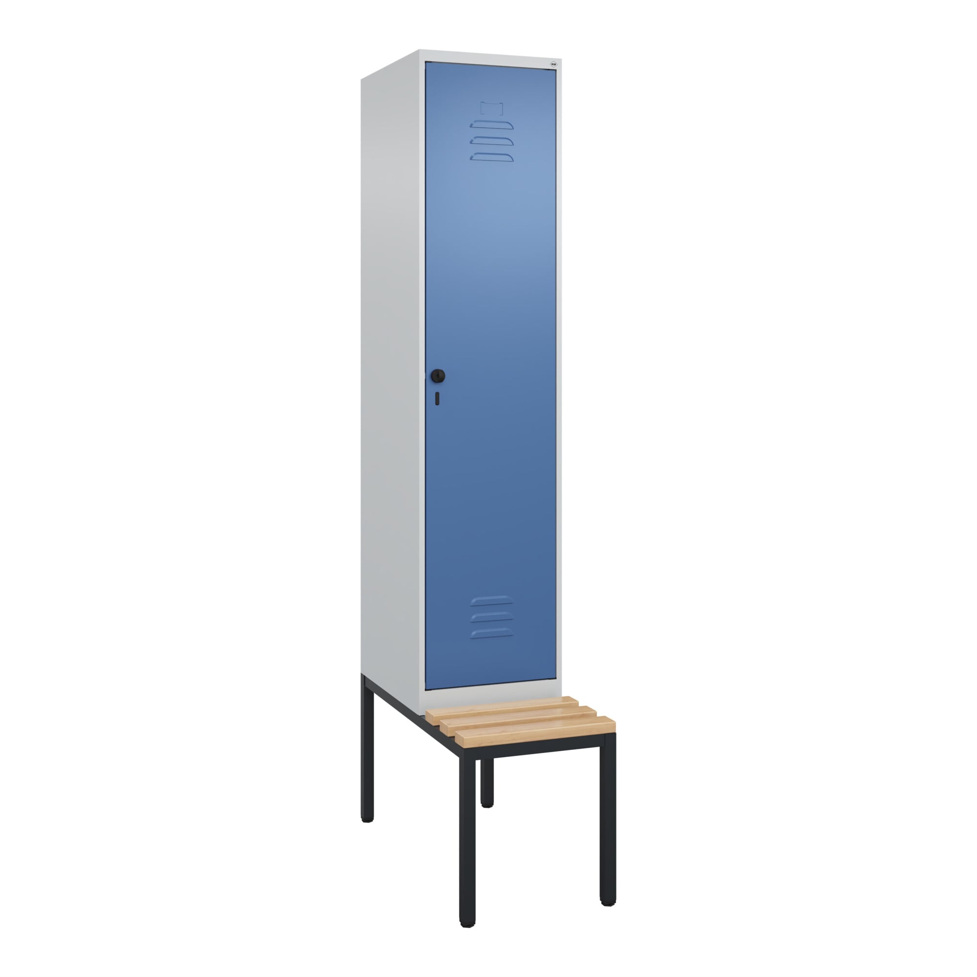 C+P Spind Classic PLUS, Bank, 1 Abteil, 2120x400x815mm, 7035/5023 Verschluss Sicherheits-Drehriegel 4 Garderobenhaken Sitzbanktyp untergebaut ; C +