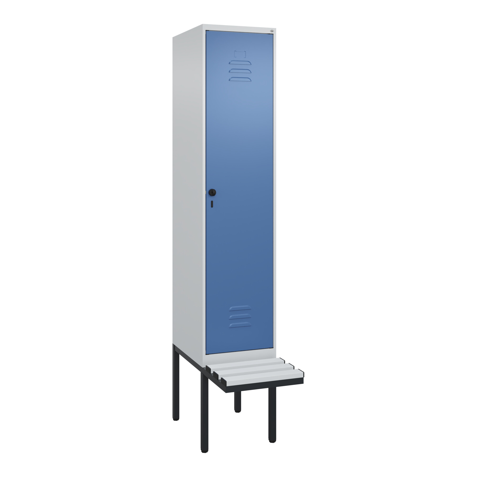 C+P Spind Classic PLUS, Bank, 1 Abteil, 2120x400x815mm, 7035/5023 Verschluss Sicherheits-Drehriegel 4 Garderobenhaken Trennwand mittig Dekor Banklatte