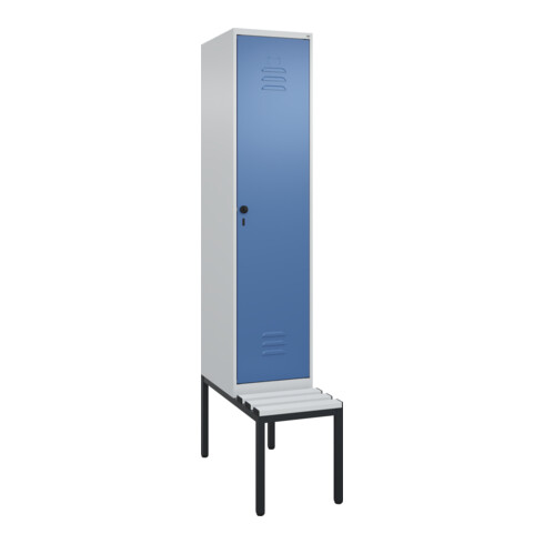 C+P Spind Classic PLUS, Bank, 1 Abteil, 2120x400x815mm, 7035/5023 Verschluss Sicherheits-Drehriegel 4 Garderobenhaken Trennwand mittig Dekor Banklatten RAL 7035 Lichtgrau Sitzbanktyp untergebaut