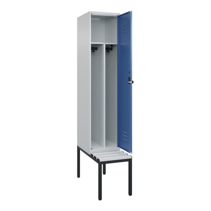 C+P Spind Classic PLUS, Bank, 1 Abteil, 2120x400x815mm, 7035/5023 Verschluss Sicherheits-Drehriegel 4 Garderobenhaken Trennwand mittig Dekor Banklatten RAL 7035 Lichtgrau Sitzbanktyp untergebaut