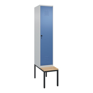 C+P Spind Classic PLUS, Bank, 1 Abteil, 2120x400x815mm, 7035/5023 Verschluss Sicherheits-Drehriegel 4 Garderobenhaken Trennwand mittig  Sitzbanktyp untergebaut