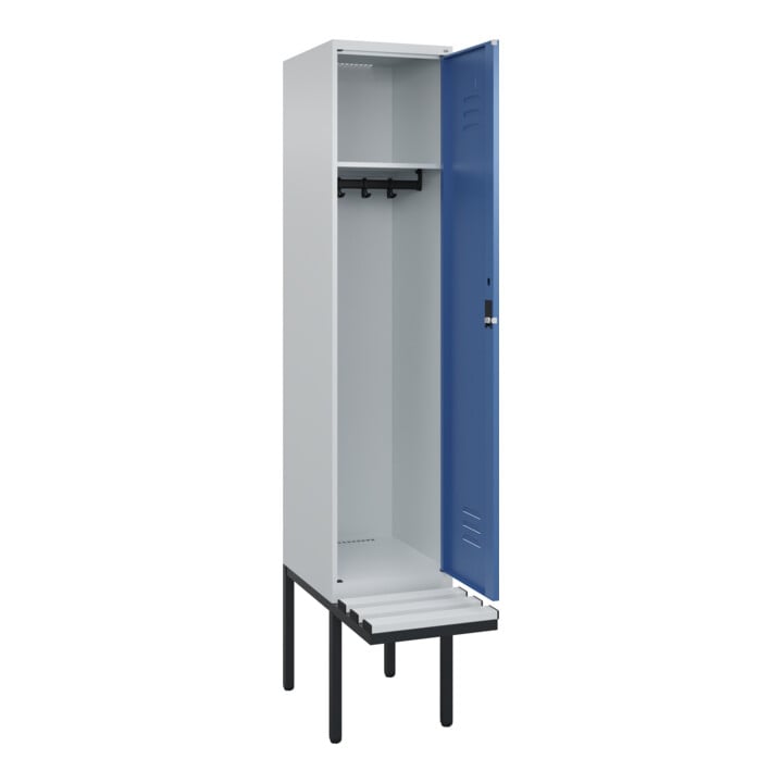 C+P Spind Classic PLUS, Bank, 1 Abteil, 2120x400x815mm, 7035/5023 Verschluss Zylinderschloss 4 Garderobenhaken  Dekor Banklatten RAL 7035 Lichtgrau Sitzbanktyp auskragend