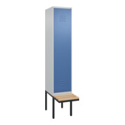 C+P Spind Classic PLUS, Bank, 1 Abteil, 2120x400x815mm, 7035/5023 Verschluss Zylinderschloss 4 Garderobenhaken   Sitzbanktyp auskragend