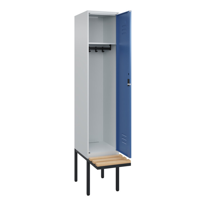 C+P Spind Classic PLUS, Bank, 1 Abteil, 2120x400x815mm, 7035/5023 Verschluss Zylinderschloss 4 Garderobenhaken   Sitzbanktyp auskragend