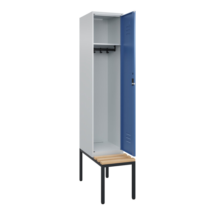 C+P Spind Classic PLUS, Bank, 1 Abteil, 2120x400x815mm, 7035/5023 Verschluss Zylinderschloss 4 Garderobenhaken   Sitzbanktyp untergebaut