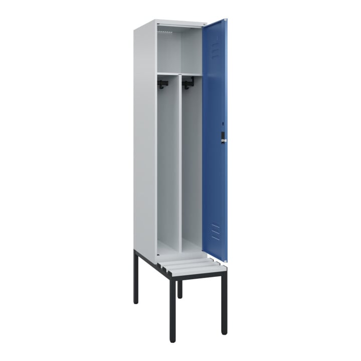 C+P Spind Classic PLUS, Bank, 1 Abteil, 2120x400x815mm, 7035/5023 Verschluss Zylinderschloss 4 Garderobenhaken Trennwand mittig Dekor Banklatten RAL 7035 Lichtgrau Sitzbanktyp untergebaut