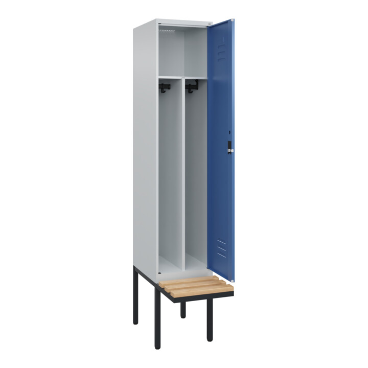 C+P Spind Classic PLUS, Bank, 1 Abteil, 2120x400x815mm, 7035/5023 Verschluss Zylinderschloss 4 Garderobenhaken Trennwand mittig  Sitzbanktyp auskragend
