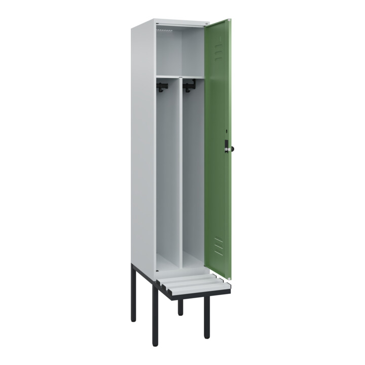 C+P Spind Classic PLUS, Bank, 1 Abteil, 2120x400x815mm, 7035/6011 Verschluss Sicherheits-Drehriegel 4 Garderobenhaken Trennwand mittig Dekor Banklatten RAL 7035 Lichtgrau Sitzbanktyp auskragend