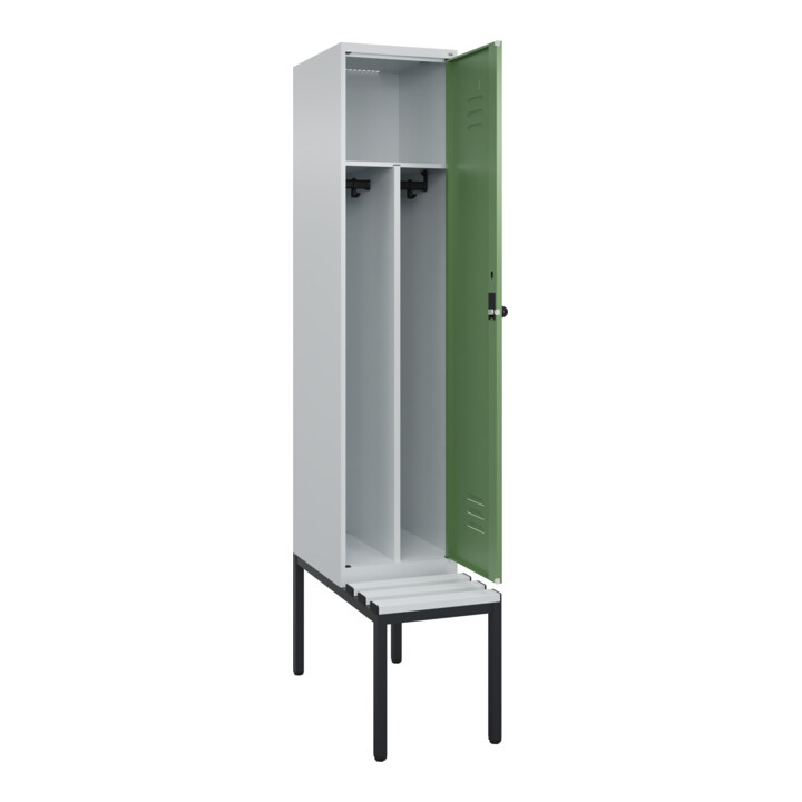 C+P Spind Classic PLUS, Bank, 1 Abteil, 2120x400x815mm, 7035/6011 Verschluss Sicherheits-Drehriegel 4 Garderobenhaken Trennwand mittig Dekor Banklatten RAL 7035 Lichtgrau Sitzbanktyp untergebaut