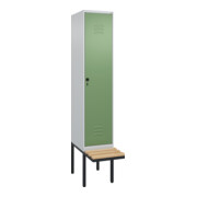 C+P Spind Classic PLUS, Bank, 1 Abteil, 2120x400x815mm, 7035/6011 Verschluss Sicherheits-Drehriegel 4 Garderobenhaken Trennwand mittig  Sitzbanktyp auskragend