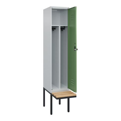 C+P Spind Classic PLUS, Bank, 1 Abteil, 2120x400x815mm, 7035/6011 Verschluss Sicherheits-Drehriegel 4 Garderobenhaken Trennwand mittig  Sitzbanktyp auskragend