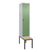 C+P Spind Classic PLUS, Bank, 1 Abteil, 2120x400x815mm, 7035/6011 Verschluss Sicherheits-Drehriegel 4 Garderobenhaken Trennwand mittig  Sitzbanktyp untergebaut