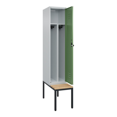 C+P Spind Classic PLUS, Bank, 1 Abteil, 2120x400x815mm, 7035/6011 Verschluss Sicherheits-Drehriegel 4 Garderobenhaken Trennwand mittig  Sitzbanktyp untergebaut