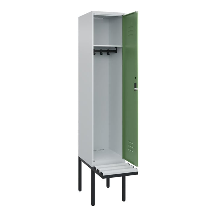 C+P Spind Classic PLUS, Bank, 1 Abteil, 2120x400x815mm, 7035/6011 Verschluss Zylinderschloss 4 Garderobenhaken  Dekor Banklatten RAL 7035 Lichtgrau Sitzbanktyp auskragend