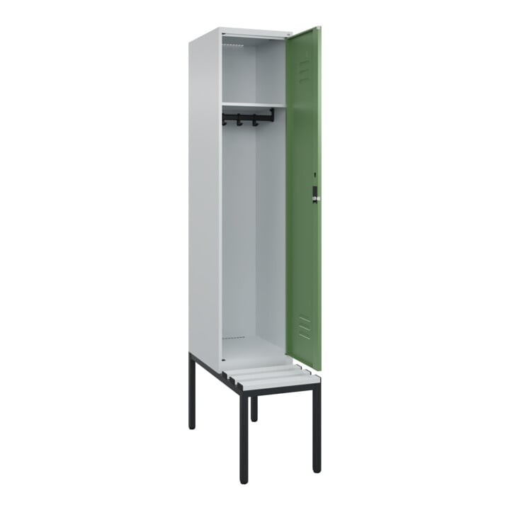 C+P Spind Classic PLUS, Bank, 1 Abteil, 2120x400x815mm, 7035/6011 Verschluss Zylinderschloss 4 Garderobenhaken  Dekor Banklatten RAL 7035 Lichtgrau Sitzbanktyp untergebaut