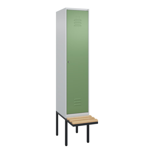 C+P Spind Classic PLUS, Bank, 1 Abteil, 2120x400x815mm, 7035/6011 Verschluss Zylinderschloss 4 Garderobenhaken   Sitzbanktyp auskragend