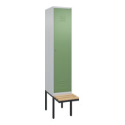 C+P Spind Classic PLUS, Bank, 1 Abteil, 2120x400x815mm, 7035/6011 Verschluss Zylinderschloss 4 Garderobenhaken   Sitzbanktyp auskragend