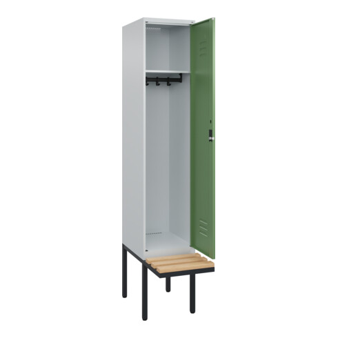 C+P Spind Classic PLUS, Bank, 1 Abteil, 2120x400x815mm, 7035/6011 Verschluss Zylinderschloss 4 Garderobenhaken   Sitzbanktyp auskragend