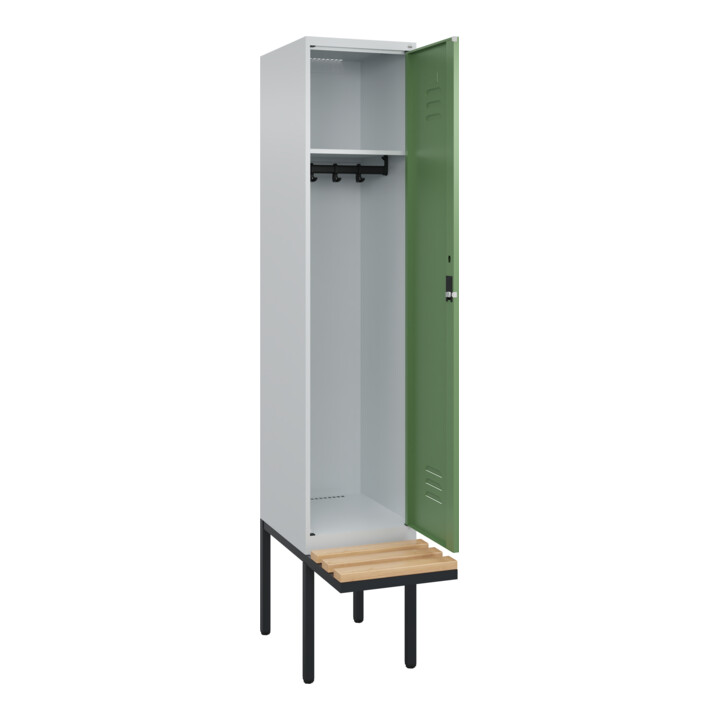 C+P Spind Classic PLUS, Bank, 1 Abteil, 2120x400x815mm, 7035/6011 Verschluss Zylinderschloss 4 Garderobenhaken   Sitzbanktyp auskragend