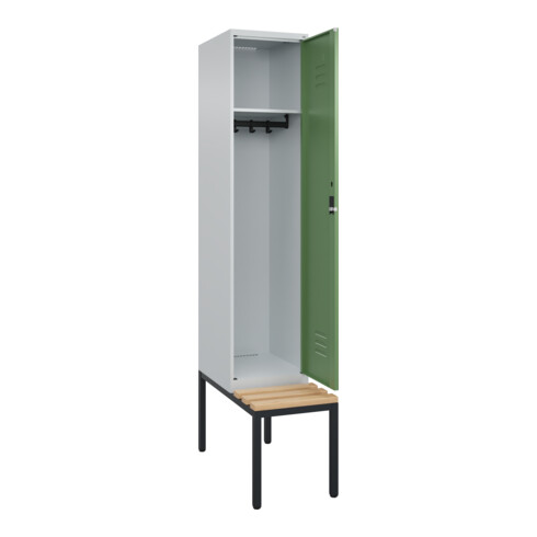 C+P Spind Classic PLUS, Bank, 1 Abteil, 2120x400x815mm, 7035/6011 Verschluss Zylinderschloss 4 Garderobenhaken   Sitzbanktyp untergebaut