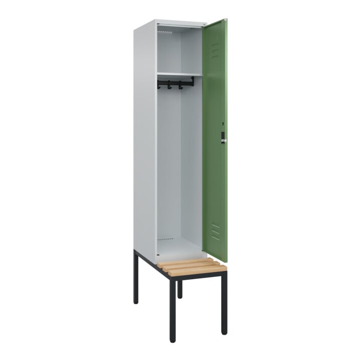 C+P Spind Classic PLUS, Bank, 1 Abteil, 2120x400x815mm, 7035/6011 Verschluss Zylinderschloss 4 Garderobenhaken   Sitzbanktyp untergebaut
