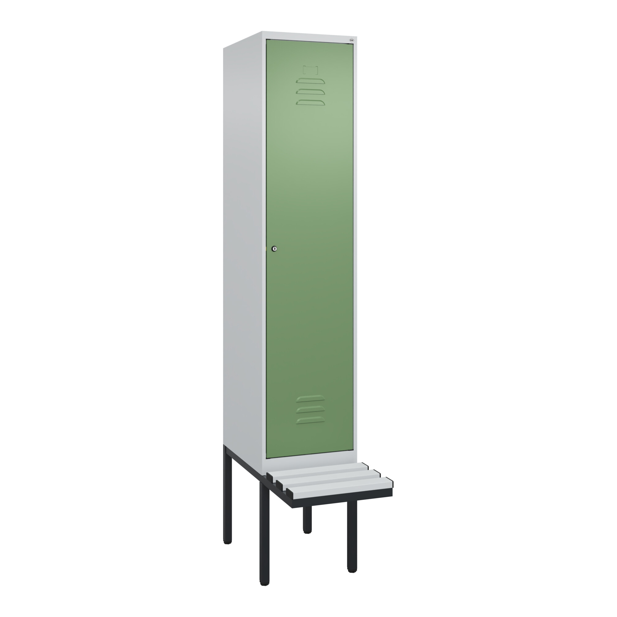 C+P Spind Classic PLUS, Bank, 1 Abteil, 2120x400x815mm, 7035/6011 Verschluss Zylinderschloss 4 Garderobenhaken Trennwand mittig Dekor Banklatten RAL 7