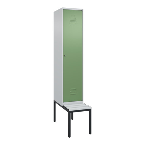 C+P Spind Classic PLUS, Bank, 1 Abteil, 2120x400x815mm, 7035/6011 Verschluss Zylinderschloss 4 Garderobenhaken Trennwand mittig Dekor Banklatten RAL 7035 Lichtgrau Sitzbanktyp untergebaut