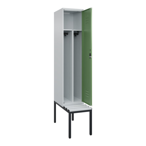 C+P Spind Classic PLUS, Bank, 1 Abteil, 2120x400x815mm, 7035/6011 Verschluss Zylinderschloss 4 Garderobenhaken Trennwand mittig Dekor Banklatten RAL 7035 Lichtgrau Sitzbanktyp untergebaut