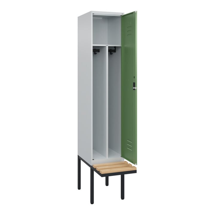C+P Spind Classic PLUS, Bank, 1 Abteil, 2120x400x815mm, 7035/6011 Verschluss Zylinderschloss 4 Garderobenhaken Trennwand mittig  Sitzbanktyp auskragend