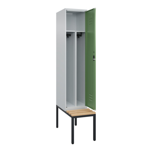C+P Spind Classic PLUS, Bank, 1 Abteil, 2120x400x815mm, 7035/6011 Verschluss Zylinderschloss 4 Garderobenhaken Trennwand mittig  Sitzbanktyp untergebaut