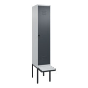 C+P Spind Classic PLUS, Bank, 1 Abteil, 2120x400x815mm, 7035/7016 Verschluss Sicherheits-Drehriegel 4 Garderobenhaken Trennwand mittig Dekor Banklatten RAL 7035 Lichtgrau Sitzbanktyp auskragend