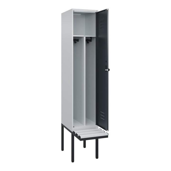 C+P Spind Classic PLUS, Bank, 1 Abteil, 2120x400x815mm, 7035/7016 Verschluss Sicherheits-Drehriegel 4 Garderobenhaken Trennwand mittig Dekor Banklatten RAL 7035 Lichtgrau Sitzbanktyp auskragend