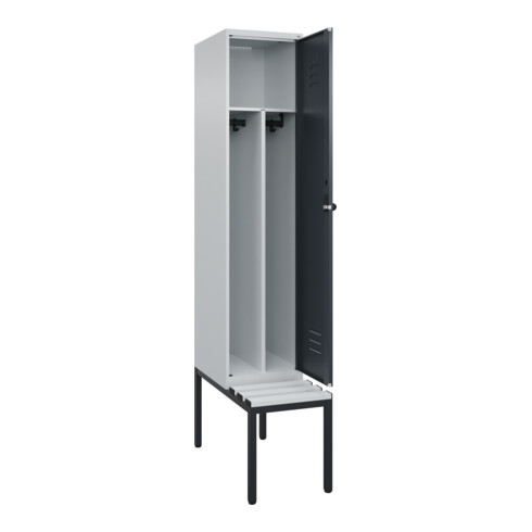 C+P Spind Classic PLUS, Bank, 1 Abteil, 2120x400x815mm, 7035/7016 Verschluss Sicherheits-Drehriegel 4 Garderobenhaken Trennwand mittig Dekor Banklatten RAL 7035 Lichtgrau Sitzbanktyp untergebaut