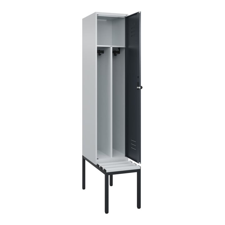 C+P Spind Classic PLUS, Bank, 1 Abteil, 2120x400x815mm, 7035/7016 Verschluss Sicherheits-Drehriegel 4 Garderobenhaken Trennwand mittig Dekor Banklatten RAL 7035 Lichtgrau Sitzbanktyp untergebaut